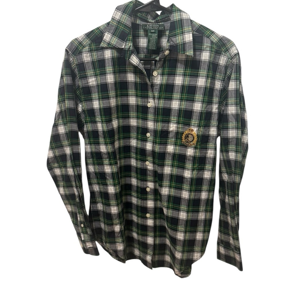 Lauren Ralph Lauren Green Plaid Button Down Shirt Size 10Petite
